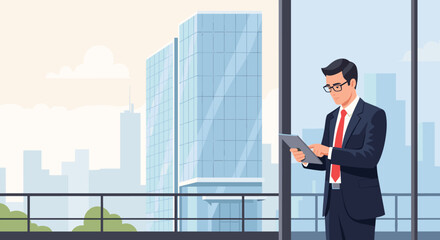 Fototapeta premium Business professional with tablet in modern cityscape background
