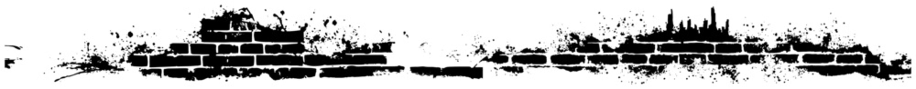 Horizontal grunge brick wall border with artistic black ink splatters