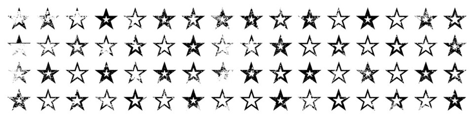 Fototapeta premium Vintage stars with cracks and stains. Old hand-drawn sign, black simple shape. Retro design element with distressed effect, grunge texture. Vector illustration