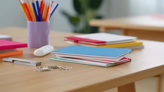 Colorful Office Supplies On Desk. Lively Classroom Scene With Organized Supplies And Soft Lighting