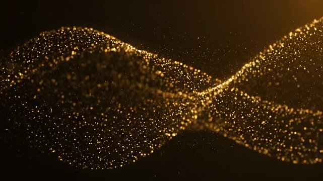 Abstract golden particles flowing in a shimmering wave against a dark background