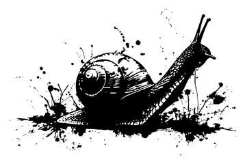 Garden snail crawling with shell in grunge ink splatter style © Wuszu