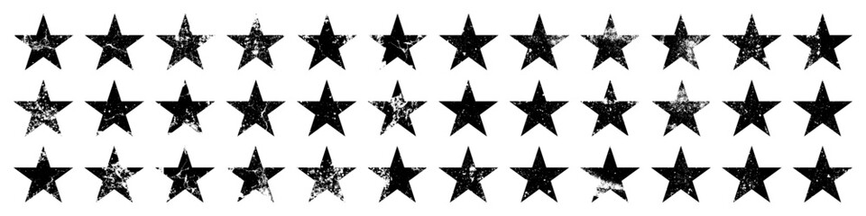 Naklejka na ściany i meble Vintage stars with cracks and stains. Old hand-drawn sign, black simple shape. Retro design element with distressed effect, grunge texture. Vector illustration