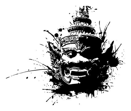 Thai giant yaksha face silhouette with grunge ink splashes