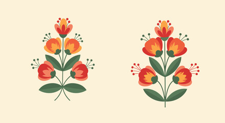 Colorful floral arrangement with retro style blooms and leaves on soft background