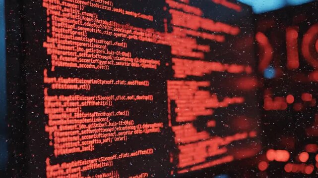Cinematic closeup of a digital monitor displaying red computer programming code with glitch distortion effects, cyber security breach visualization, hacking software data stream background.
