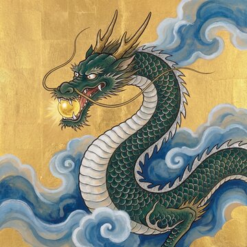 金の如意宝珠,を咥える緑龍のイラスト