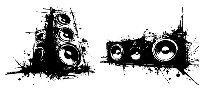 Loud audio speakers and subwoofers with grunge ink splatter effects