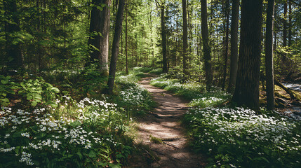 Obraz premium spring, forest, path, nature, trees, green, leaves, sunlight, fresh, growth, renewal, outdoor, peaceful, landscape, seasonal, wildflowers, calm, environment, natural, soft, light