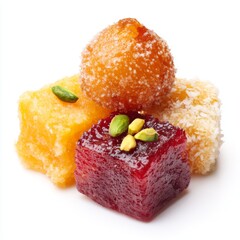 Colorful Assortment of Traditional Sweets with Nuts and Coconut Flakes on White Background