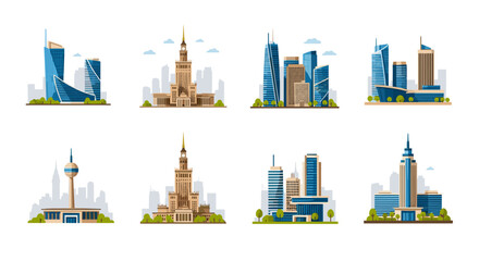Fototapeta premium Modern and historic city skylines with iconic architecture in flat design