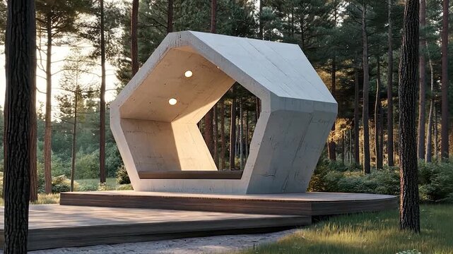 Concrete hexagon shelter in a pine forest