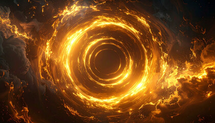 炎と煙に包まれた黄金の円形ポータル