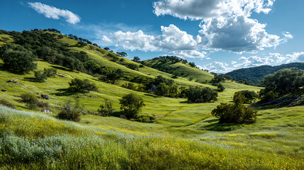Obraz premium A beautiful spring landscape showing nature coming back to life, with colorful flowers, mild weather, and a calm seasonal atmosphere.