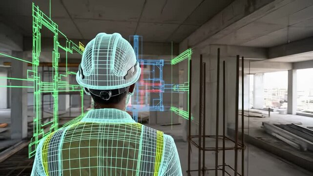 Construction worker with digital wireframe overlay and augmented reality visualization at building site. Advanced engineering technology and architectural modeling for modern infrastructure