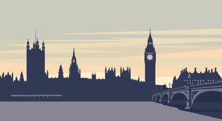 Fototapeta premium London cityscape silhouette featuring iconic landmarks at sunset