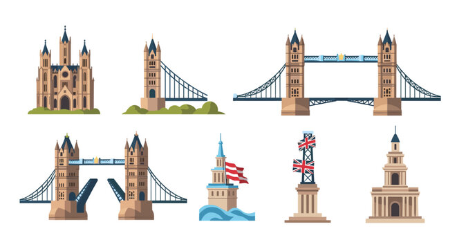 Iconic uk landmarks: tower bridge and historic architecture set in flat style