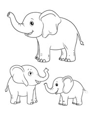 Obraz premium A line drawing of three cartoon elephants with varying poses