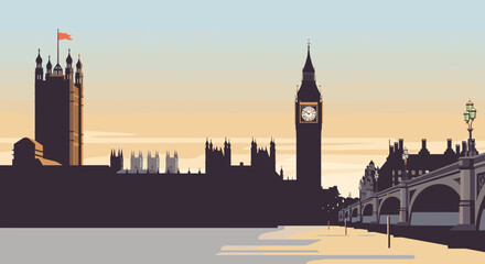 Fototapeta premium Flat design london cityscape with big ben and westminster bridge at sunset