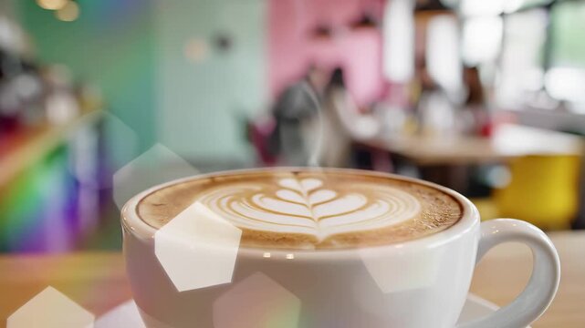 Latte cappuccino in ceramic cup on cafe table with bokeh background. Coffee beverage with decorative milk foam pattern for breakfast drink and relaxation lifestyle in cozy restaurant setting.