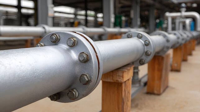 Close up view of silver industrial pipes connected with flanges supported by wooden blocks in a facility