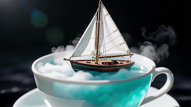 A surreal, whimsical scene in which a wooden boat with a sail bobs in a white teacup on turquoise waves and white clouds