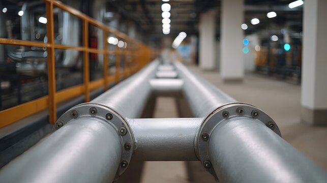 Close up perspective of parallel industrial pipes with flanges running through a brightly lit factory interior with yellow safety railings