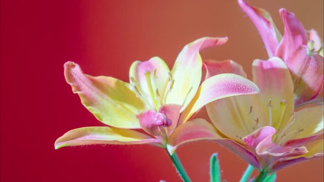 pastel yellow lily closeup cluster, botanical study scene with soft studio light, delicate petals and subtle dew, ideal for editorial floral layouts