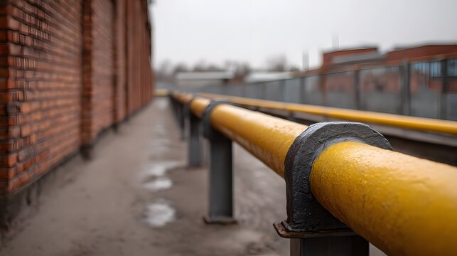 Industrial yellow pipes run parallel along a weathered brick building wall on a damp ground