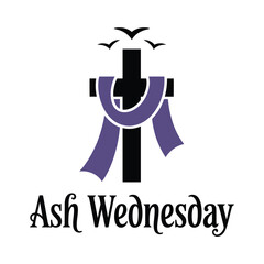 Ash Wednesday symbol with cross purple sash and birds flying overhead, vector illuastration