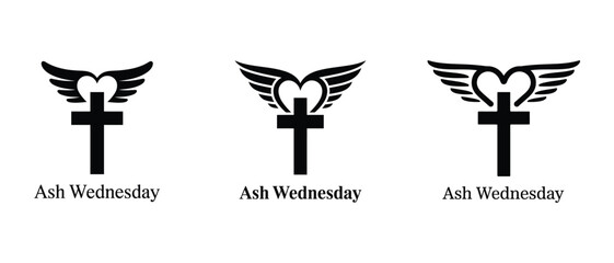 Ash wednesday christian symbols with heart wings and cross icons, vector illuastration