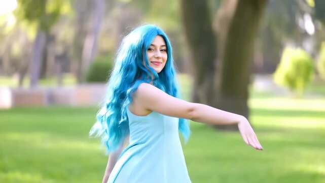 Luminous Woman With Flowing Blue Attire Performing Lively Dance Amid Tall Trees And Beautiful Background