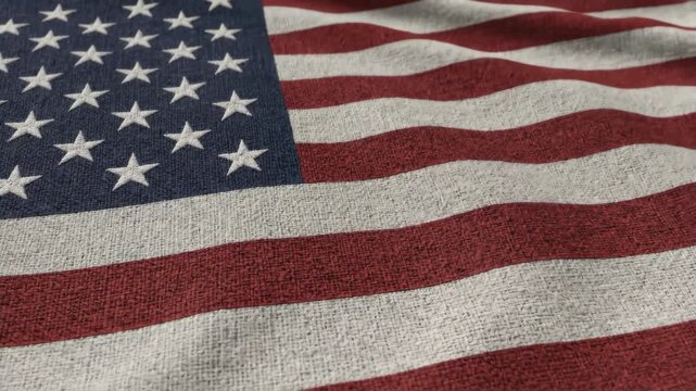 Close up Panoramic View of a Draped United States Flag with Visible Fabric Texture Waving