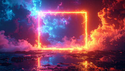 燃える四角いポータルと宇宙空間