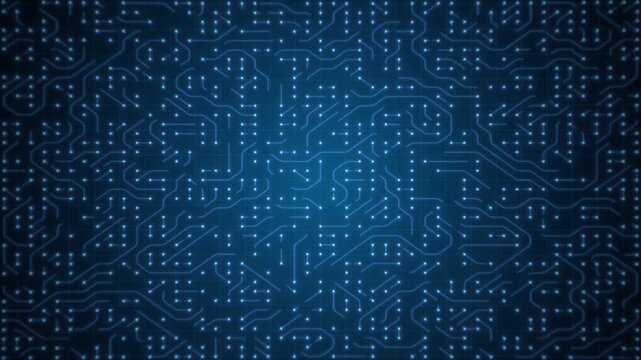 Seamless blue glowing background animation featuring intricate circuit board traces and nodes. A clean digital pattern ideal for tech, AI, and cybersecurity motion graphics