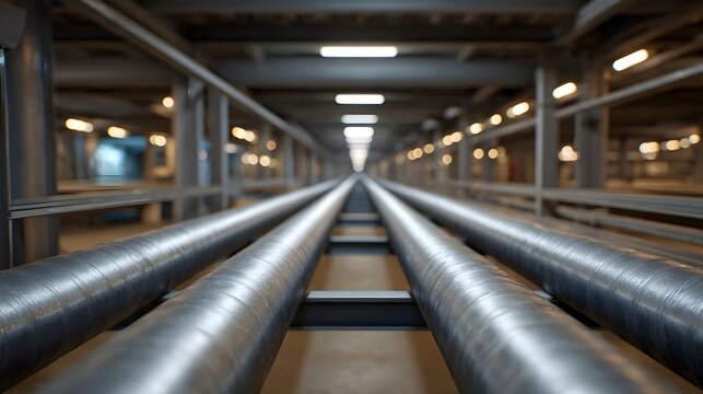 Long parallel industrial pipes extend into the distance within a clean illuminated factory corridor showcasing perspective and infrastructure