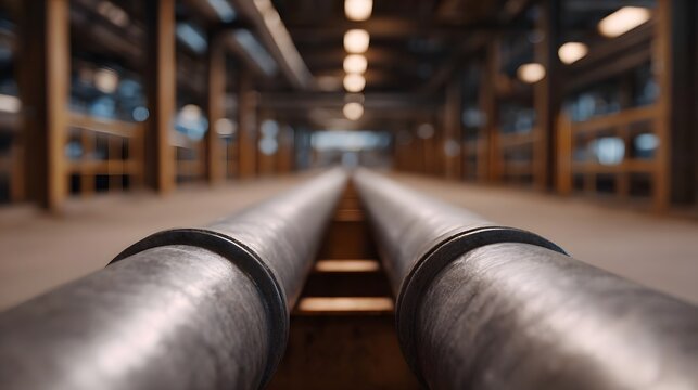 Two large industrial metal pipes run parallel through a dimly lit factory interior creating a sense of depth and industrial scale