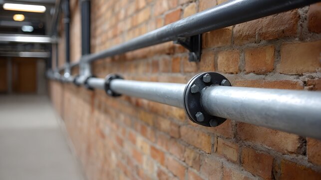Metal pipes run parallel along a textured brick wall inside an industrial corridor