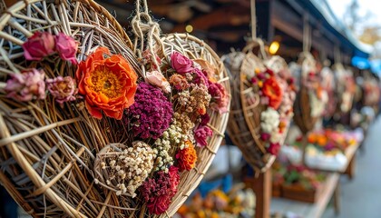 Heart shaped wicker decoration with flowers.