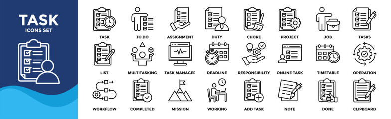 Fototapeta premium Task icon set collection. Containing project, to-do list, job, workflow, clipboard, multitasking, assignment