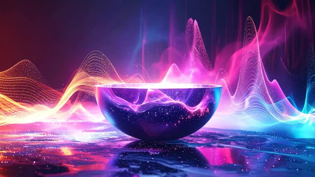 Abstract composition of glowing sound waves surrounding a crystal bowl, symbolizing energy, vibration, and frequency healing. Neon colors flow dynamically, evoking meditation, sound bath, and balance
