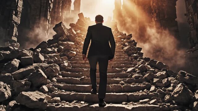 Businessman standing on destroyed stairway among ruins and debris with sunlight. Crisis survival and business resilience for economic recovery and overcoming adversity after disaster or financial