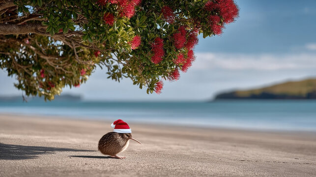 Kiwi bird beach sand tree red flower Santa hat holiday summer New Zealand nature festive cute animal outdoors coastline