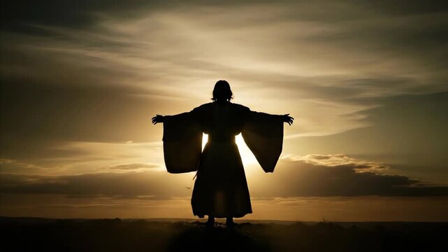 A silhouette of Jesus in clothing at sunset. The image depicts Jesus with his arms outstretched toward heaven in spiritual adoration or prayer.