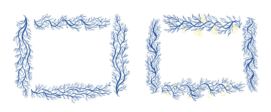 Mediterranean lemon tree branch frames. Italian blue page emphasis border with decorative leaves, citrus fruit. Hand-drawn foliage line Amalfi summer motif for menu design. Vector text boxes set.