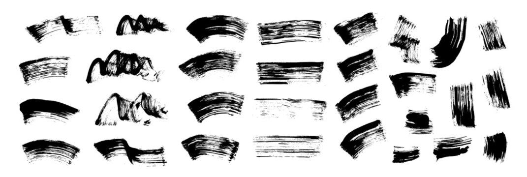 Handmade mascara brush stroke in deep black ink showcases bold cosmetic swatch texture, ideal for beauty product packaging and eyeliner advertisement campaign. Makeup vector grunge black underlines.