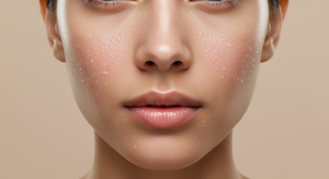 Woman face with dry skin and white flakes on cheeks and nose close up