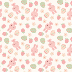 Cute Bunny Easter Seamless Pattern, swatch available in swatches panel, kawaii pink bunnies with easter eggs, strawberries and flowers, soft pastel spring design for kids fabric and nursery