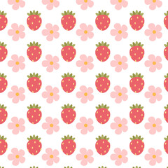 Sweet Strawberry Floral Seamless Pattern, kawaii pink flowers with cute strawberries, swatch available in swatches panel, playful pastel spring illustration for textiles, wrapping paper and surface de