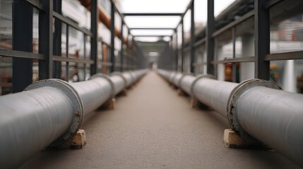 A long perspective of industrial metal pipes along a walkway in an industrial setting